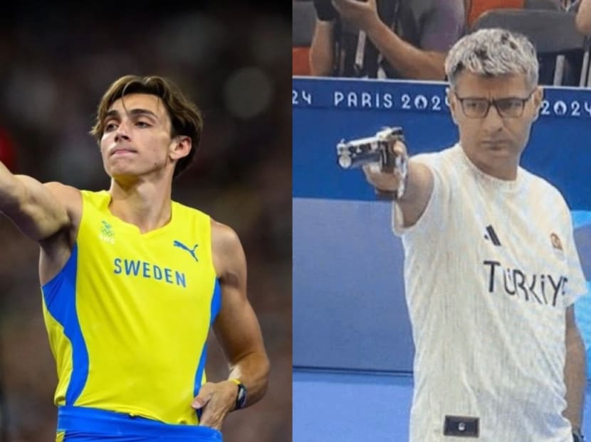 Swedish pole vaulter Mondo Duplantis mimics Turkish shooter Yusuf Dikec’s pose after winning gold and breaking world record