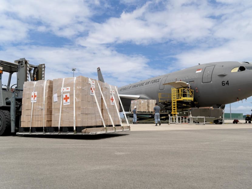 Goods that are part of Singapore’s humanitarian assistance for Gaza being loaded onto the A330 Multi-Role Tanker Transport from the Republic of Singapore Air Force.