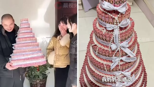 中国姐弟用8万现钞 熬夜做“有钱花蛋糕”送父母