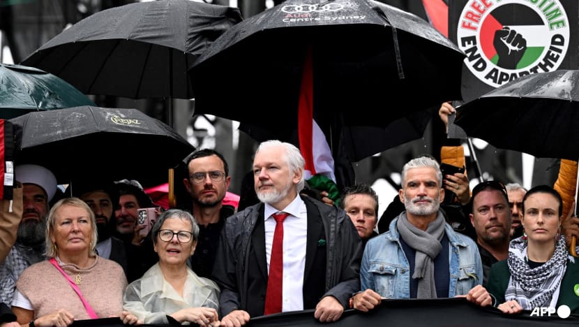 Julian Assange joins pro-Palestinian protest on Sydney Harbour Bridge Julian Assange joins pro-Palestinian protest on Sydney Harbour Bridge