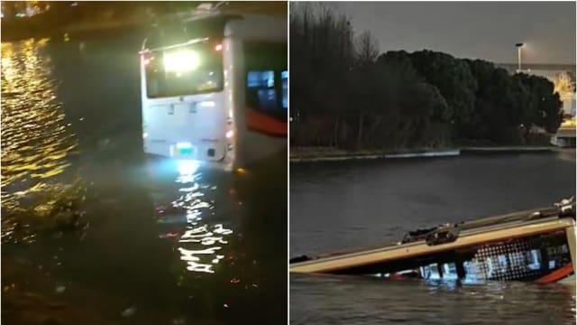 上海巴士开进河里 获救司机无意识送院