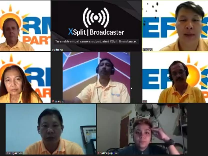 Screenshot of Reform Party’s meet-and-greet. (From left) Top row: Kenneth Jeyaretnam and Andy Zhu Laicheng. Middle row: Noraini Yunus, Mahaboob Batcha and Gurdev Singh. Bottom row: Darren Soh and event moderator Tyeisha Syaquilla Ayub. Charles Yeo did not appear on screen due to technical difficulties.