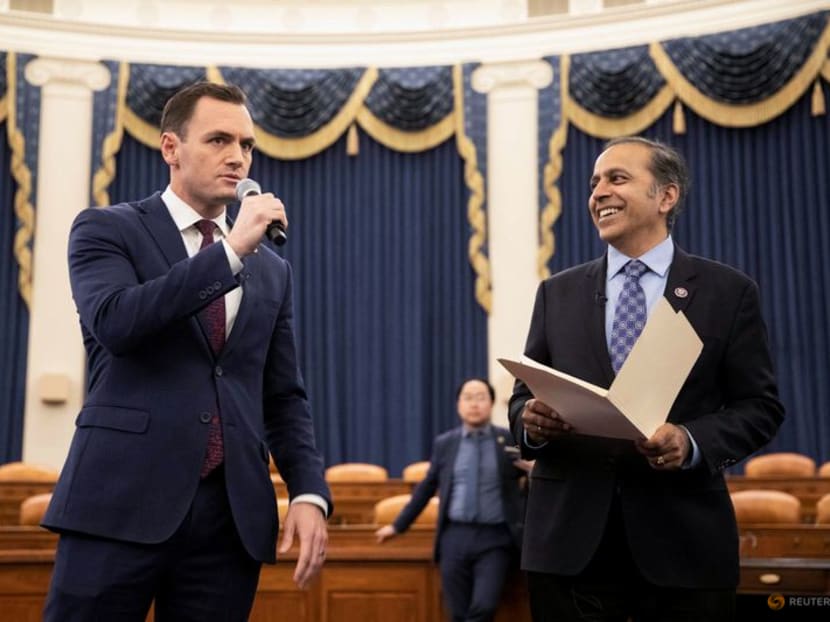 Committee chairman U.S. Rep. Mike Gallagher (R-WI) and U.S. Rep. Raja Krishnamoorthi (D-IL) talk over procedures with their members during a House Select Committee on the Strategic Competition Between the United States and the Chinese Communist Party meeting on "Taiwan Tabletop Exercise (TTX)," a war games simulation, on Capitol Hill in Washington, U.S., April 19, 2023. REUTERS/Amanda Andrade Rhoades/ File Photo