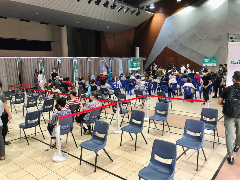 Seniors taking their Covid-19 jab at a vaccination centre at Marine Parade Community Club on Feb 22, 2021.
