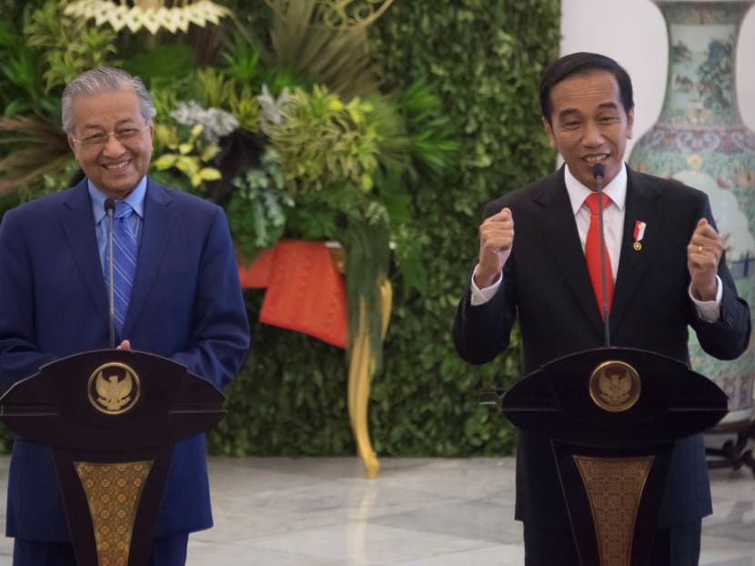 Indonesia's President Joko Widodo (R) gestures during a joint news conference to illustrate how he had experienced a test drive at 180 kmh by Malaysian Prime Minister Tun Dr Mahathir Mohamad.