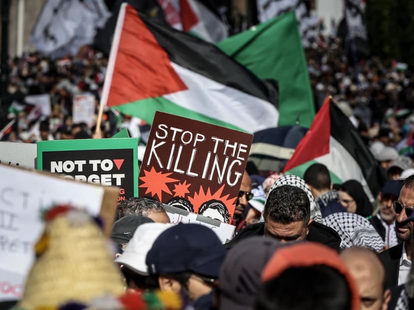 Protesters lift placards and flags of Palestine during a demonstration in Rabat, Morocco on Feb 11, 2024 in solidarity with Palestinians amid Israel's ongoing bombardment of the Gaza Strip. Protesters lift placards and flags of Palestine during a demonstration in Rabat, Morocco on Feb 11, 2024 in solidarity with Palestinians amid Israel's ongoing bombardment of the Gaza Strip.