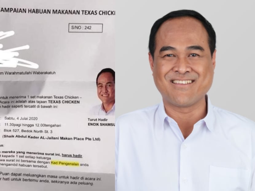 The photo being circulated on social media (left) of a letter, signed by Mr Shamsul Kamar (right), inviting Kaki Bukit residents to a food distribution event at Block 527 Bedok North Street 3.