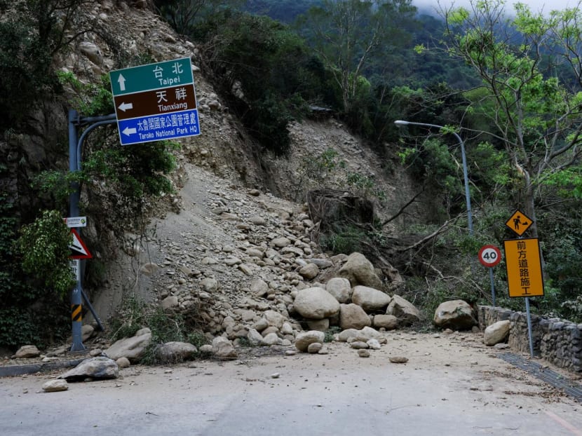 A general view of a road blocked due to a landslide, following the earthquake, in Hualien, Taiwan, on April 5, 2024. A general view of a road blocked due to a landslide, following the earthquake, in Hualien, Taiwan, on April 5, 2024.