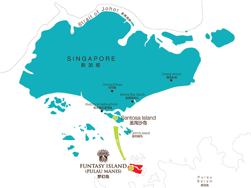 The controversy arose when the developer of Funtasy Island coloured Pulau Manis blue, the same as Singapore. A new map picture here now renders Pulau Manis in red. Photo: Funtasy Island.