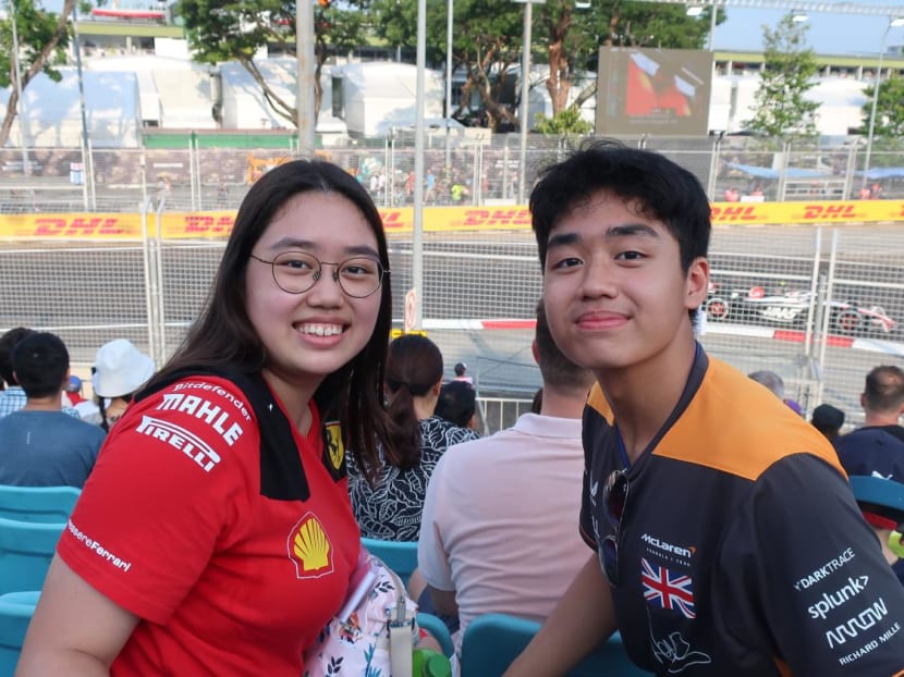Siblings Samantha Lee, 18 and Kayden Lee, 15, watching a practice round for the Singapore Grand Prix on Sept 15, 2023. Siblings Samantha Lee, 18 and Kayden Lee, 15, watching a practice round for the Singapore Grand Prix on Sept 15, 2023.