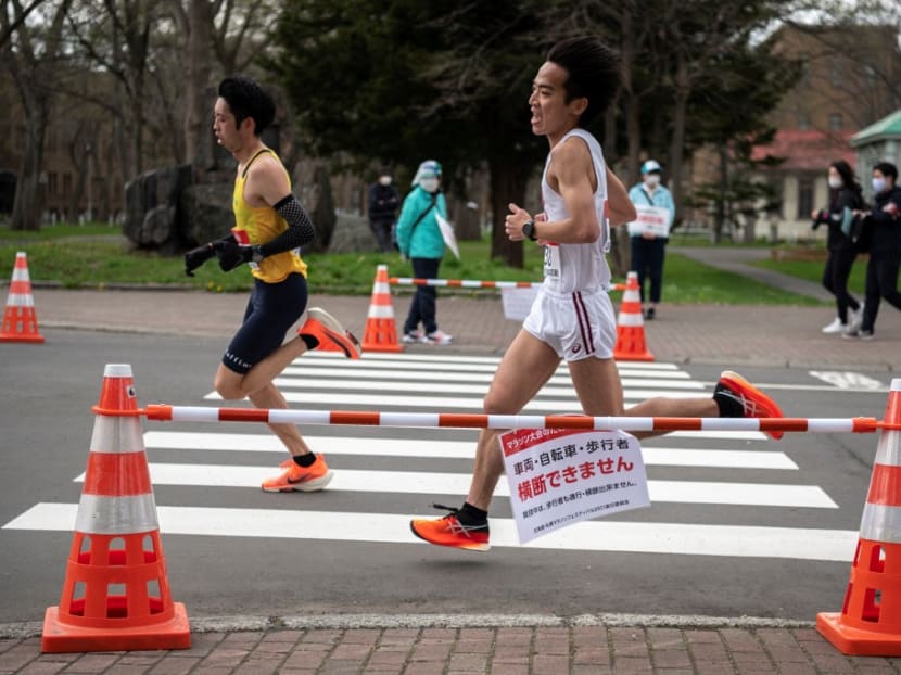 Athletes compete in the half-marathon race which doubles as a test event for the 2020 Tokyo Olympics, in Sapporo, Japan on May 5, 2021.