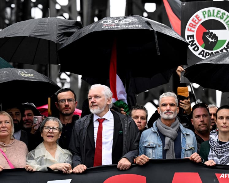 Julian Assange joins pro-Palestinian protest on Sydney Harbour Bridge