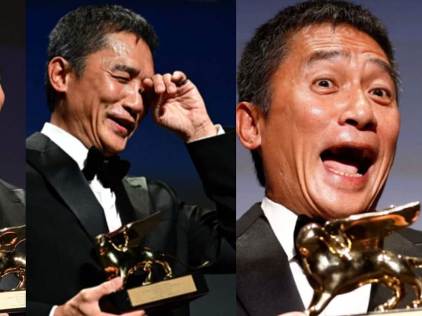 Tony Leung had the cutest expressions when receiving his lifetime achievement award at the Venice Film Festival