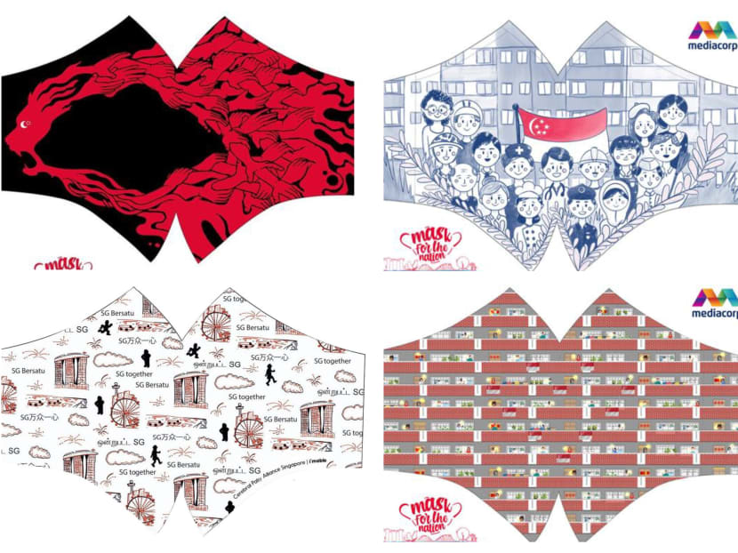 Sales proceeds from these masks will go to the Mediacorp Enable Fund. Clockwise from top left: Designs by Mr Anwar Rafiee, Ms Sharon Liew, Ms Soh Xin Hui and Mr Ang Wei Lun. Sales proceeds from these masks will go to the Mediacorp Enable Fund. Clockwise from top left: Designs by Mr Anwar Rafiee, Ms Sharon Liew, Ms Soh Xin Hui and Mr Ang Wei Lun.