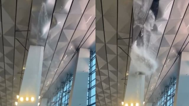 雅加达机场屋顶坍塌 雨水灌入候机厅