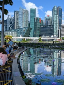 People sitting next to a pond with a view of Singapore's business district.