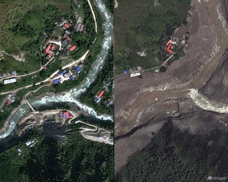 Satellite images show bedrock and glacier collapsed on Nepal-China border, then rivers flooded