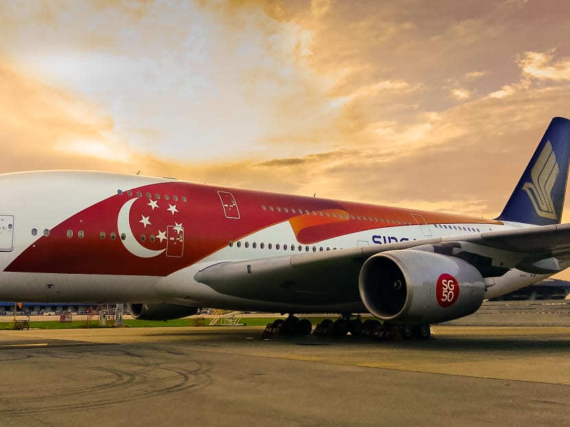 A Singapore Airlines A380 aircraft covered in a special flag design to commemorate SG50. Photo: Singapore Airlines