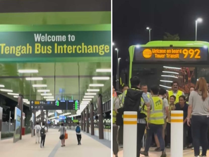 Screenshots from TikTok user Adam Lee's video showing the new Tengah Bus Interchange, which opened on July 21, 2024, as well as staff members and bus spotters posing for a photo in front of bus service 992. Screenshots from TikTok user Adam Lee's video showing the new Tengah Bus Interchange, which opened on July 21, 2024, as well as staff members and bus spotters posing for a photo in front of bus service 992.
