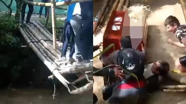 秘鲁惊悚一幕！抬棺过桥突坍塌棺木坠沟裂开 送葬者惊险救回遗体