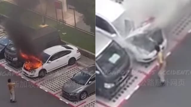 德惠巷露天停车场 轿车突起火燃烧