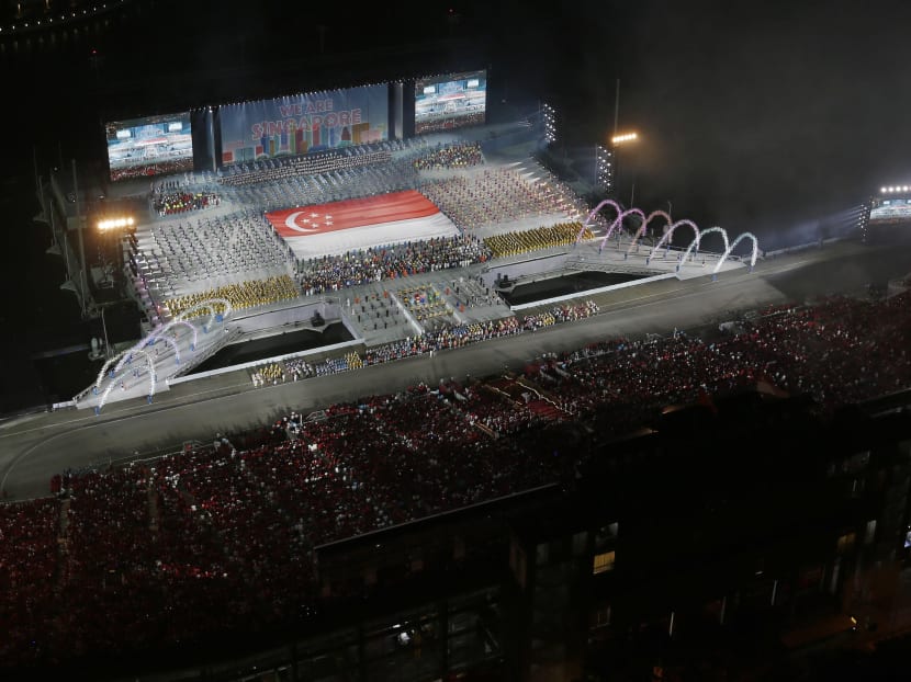 The Singapore flag on display during the National Day Parade at the Marina Bay floating platform in August 2018.