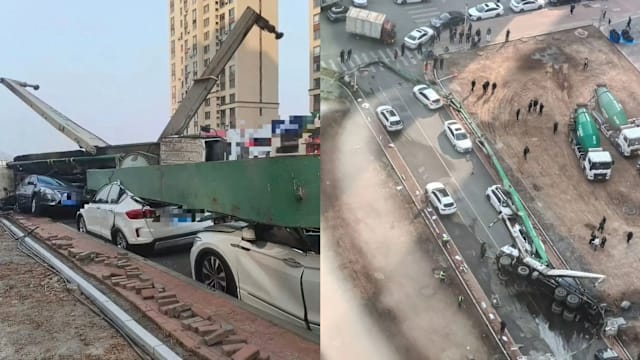 中国泵车施工中侧翻 臂架砸毁三车幸无人伤