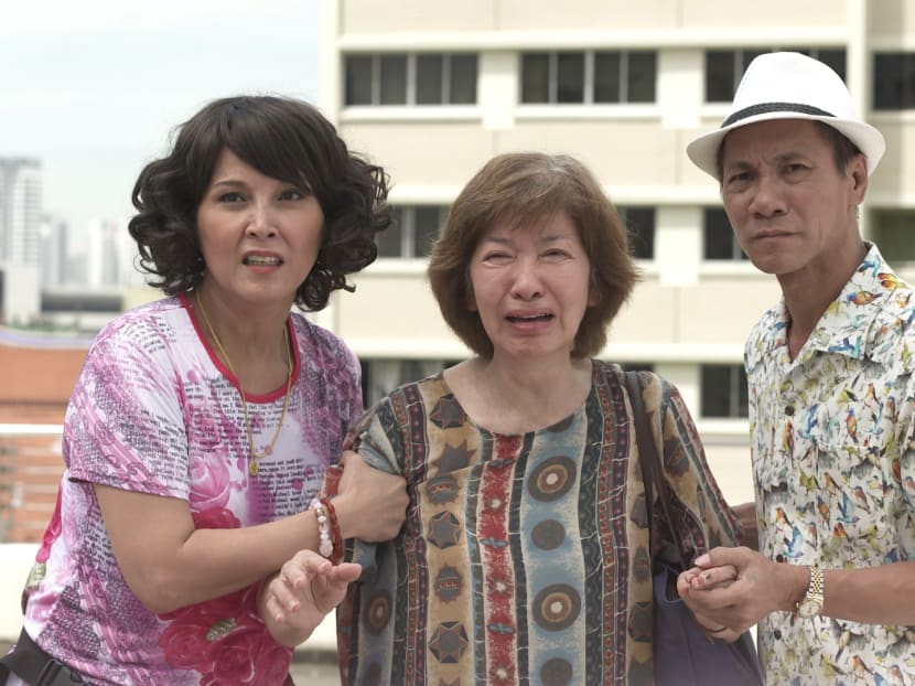 (From left) Aileen Tan, Li Yinzhu and Wang Lei star in new dialect drama Eat Already. The 10-part series revolve around elderly widow Ah Niu Sao, and the problems she faces in her jobs, and her challenges with her two sons. Photo: MediaCorp