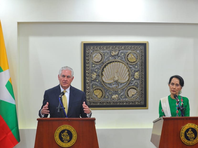 United States Secretary of State Rex Tillerson (left) and Myanmar's State Counselor Aung San Suu Kyi during a joint press conference in Naypyidaw on Nov 15, 2017. Photo: AFP