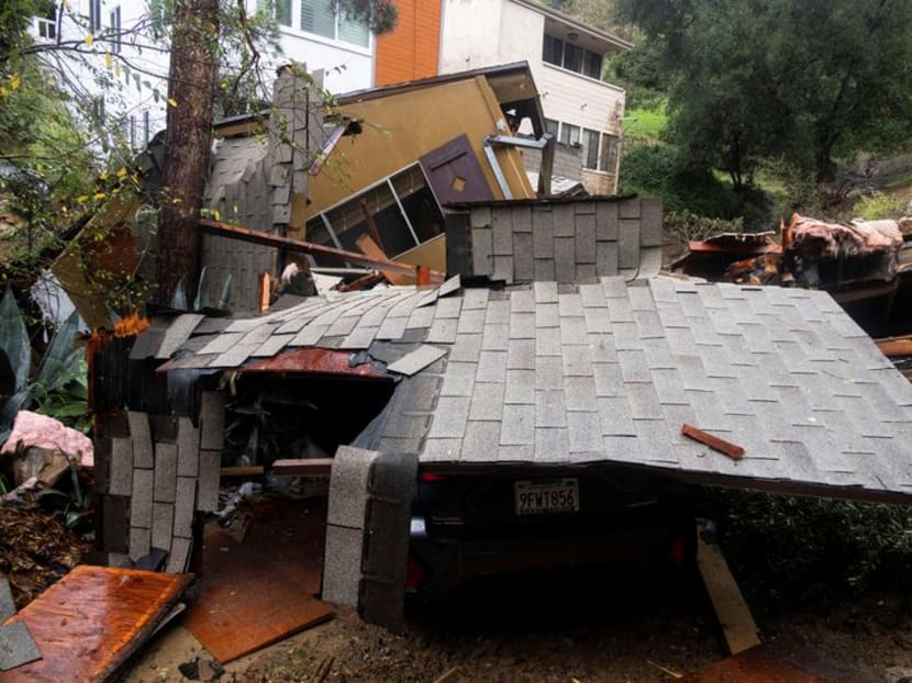 The remains of a home destroyed by a mudslide caused by the ongoing rain storm in Los Angeles, California, US, on Feb 5, 2024. 