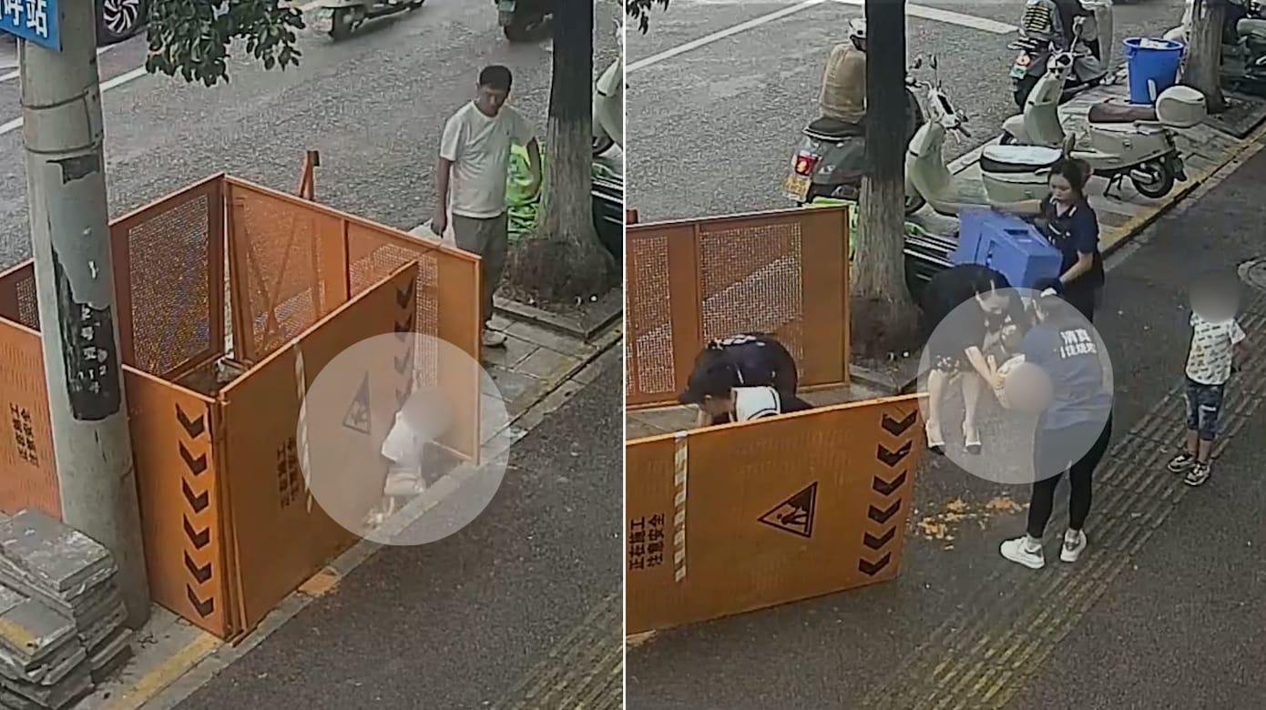 中国幼童一撑施工围栏坠深坑 九名店员合力救人