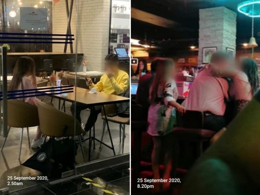 Two patrons (left) who were fined for not wearing their masks when talking to each other at an F&B outlet on Orchard Road and (right) people who were found intermingling with different groups of patrons seated at different tables at Jamboree Bar & Cafe. Two patrons (left) who were fined for not wearing their masks when talking to each other at an F&B outlet on Orchard Road and (right) people who were found intermingling with different groups of patrons seated at different tables at Jamboree Bar & Cafe.