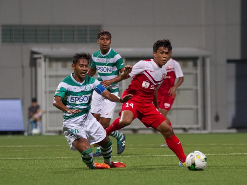 Geylang International (green) and Young Lions players in action on Thursday (Feb 25). Photo: S.League/Facebook