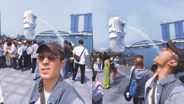 狮城开唱也要当游客，周柏豪张嘴“接”鱼尾狮喷水！