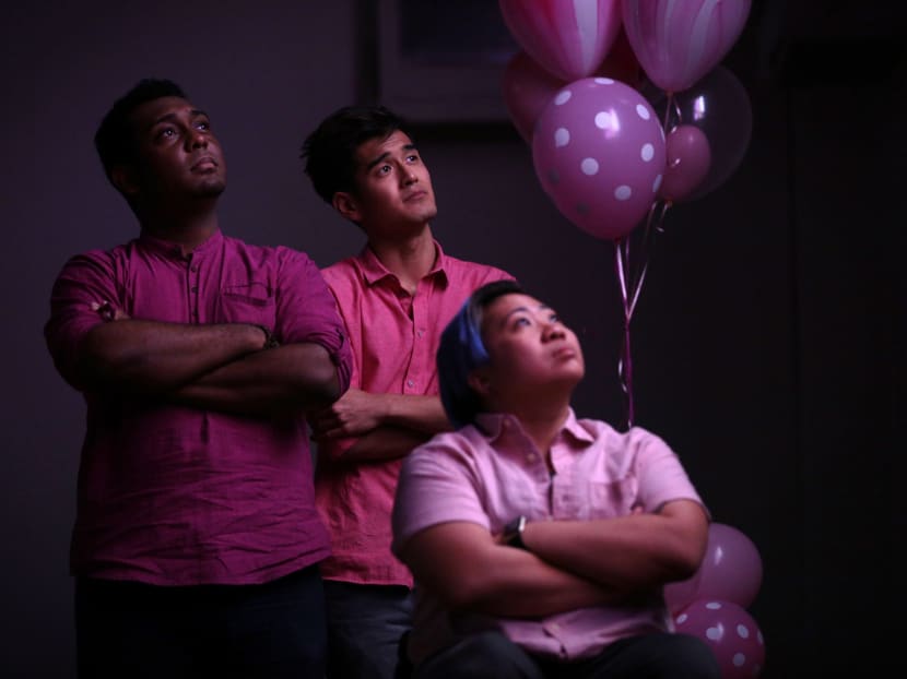 This year's Pink Dot event ambassadors are (from right) Singapore paralympian Theresa Goh, local singer Nathan Hartono, and actor Ebi Shankara. Photo: Jason Quah/TODAY