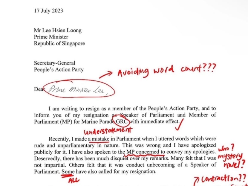Former Speaker of Parliament Mr Tan Chuan-Jin's resignation letter graded by Instagram page, The Mockingbird. Former Speaker of Parliament Mr Tan Chuan-Jin's resignation letter graded by Instagram page, The Mockingbird.