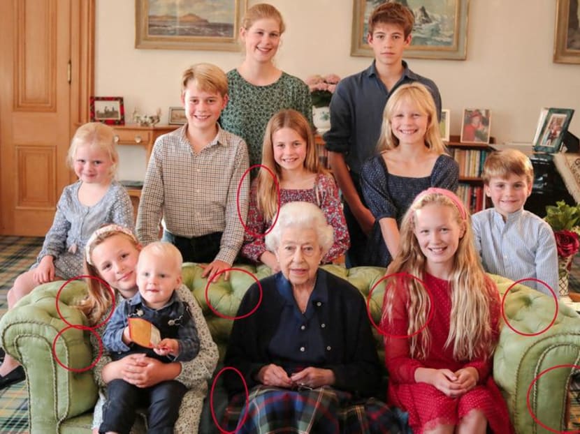 A family portrait of Britain's late Queen Elizabeth II with some of her grandchildren and great grandchildren (back row, left to right) Lady Louise Mountbatten-Windsor, James, Earl of Wessex, (middle row, left to right) Lena Tindall, Prince George, Princess Charlotte, Isla Phillips, Prince Louis, (front row, left to right) Mia Tindall holding Lucas Tindall, and Savannah Phillips, taken at Balmoral Castle, Britain, in this undated handout image issued by Kensington Palace on April 21, 2023, with indications by Reuters of areas which appear to have been digitally altered by the source.