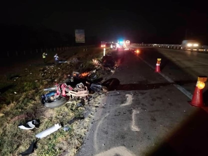 Broken motorcycle parts from the convoy scattered along the emergency lane after a container lorry crashed into a group of Singaporean motorcyclists at the North-South Expressway, near Yong Peng, in Batu Pahat on March 23, 2024. Broken motorcycle parts from the convoy scattered along the emergency lane after a container lorry crashed into a group of Singaporean motorcyclists at the North-South Expressway, near Yong Peng, in Batu Pahat on March 23, 2024.