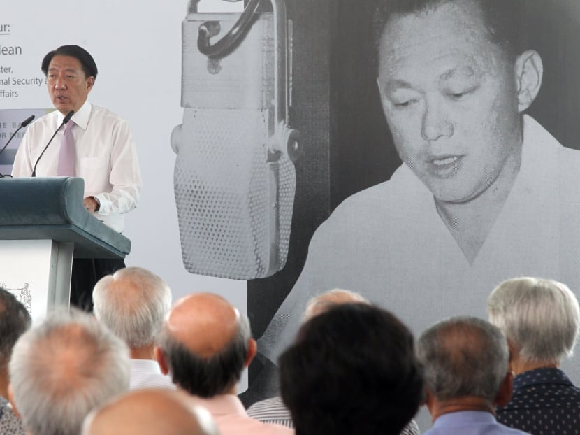 Deputy Prime Minister Teo Chee Hean gives a speech at the launch of the reprint of The Battle for Merger at The National Library on Oct 9, 2014. Photo: Ooi Boon Keong