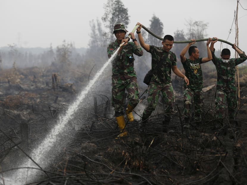 Indonesian soldiers spray water on peatland fire in Pulang Pisau regency  east of Palangkaraya, Central Kalimantan, Indonesia October 29, 2015. Photo: Reuters