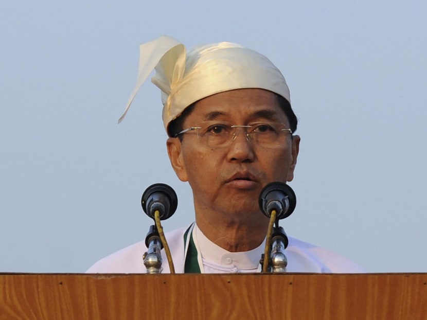 Mr Myint Swe, then the Yangon Division chief minister, delivers a speech during a ceremony marking Myanmar's 66th Union Day anniversary in Yangon on Feb 12, 2013.