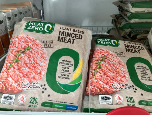 Stocks of plant-based meat at a supermarket. Some of such products are marked “allium free” to indicate to vegetarians who do not eat alliums such as onions, garlics, shallots and chives. Flexitarians refer to people who eat primarily plant-based food but occasionally eat meat.