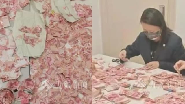 中国妇女剪碎人民币现金 银行员工加班20多天拼接