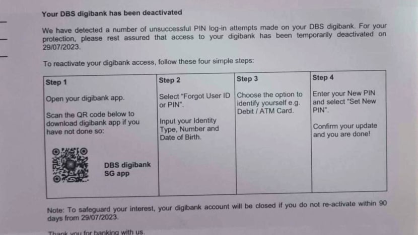 Letter notifying account holders of digibank account deactivation is legitimate: DBS