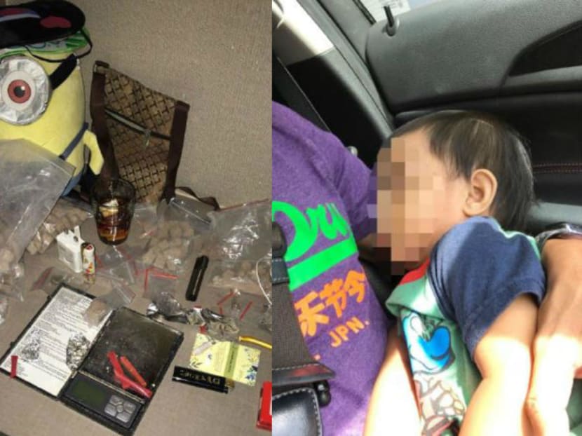 (Right) The one-year old toddler safely secured and sleeping prior to CNB officers handing him over to the care of the Child Protective Service of the Ministry of Social and Family Development. Photo: Central Narcotics Bureau