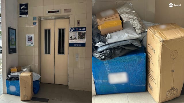 组屋底层堆积无人认领包裹 有些包装已被撕开