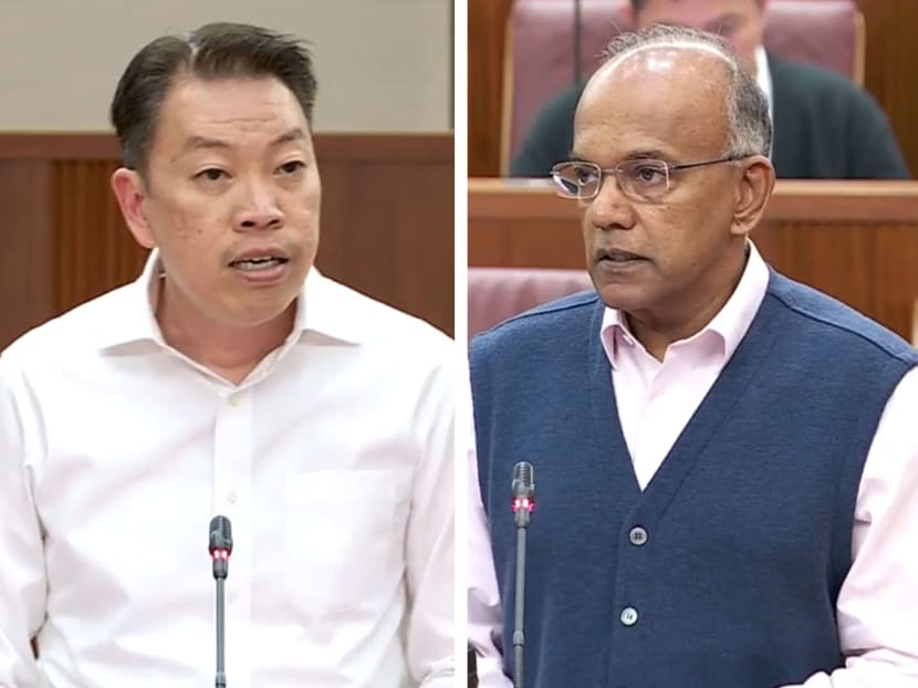 Mr Melvin Yong (left) and Mr K Shanmugam (right) speaking in Parliament on May 8, 2023. Mr Melvin Yong (left) and Mr K Shanmugam (right) speaking in Parliament on May 8, 2023.