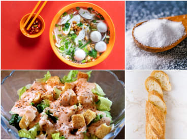 Fishball noodle soup, a salad with croutons, cheese and thousand island dressing, and even a baguette have a considerable amount of salt in them.