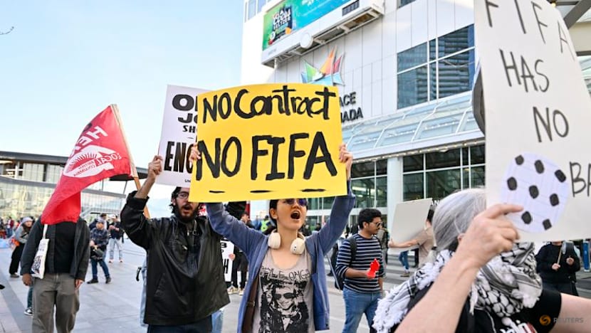 Advocates for homeless, hotel workers rally outside FIFA Congress in Vancouver