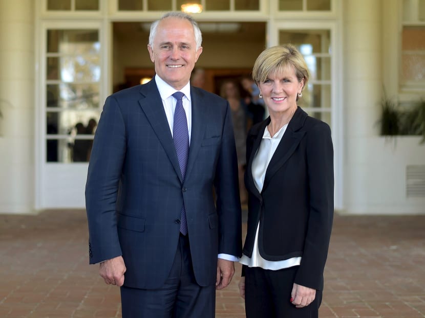 Malcolm Turnbull, left, poses with deputy party leader Julie Bishop after Turnbull was sworn-in as Australia's 29th prime minister at Government House in Canberra, Sept 15, 2015. Photo: Reuters